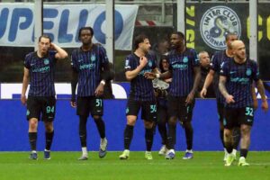 La gioia dell'Inter mentre esulta a fine partuta